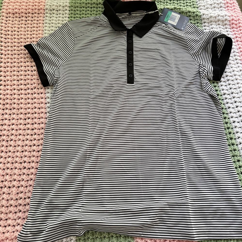 Nike Golf Polo Shirt Women XL Black White Stripe Dri Fit Stretch Active NWT